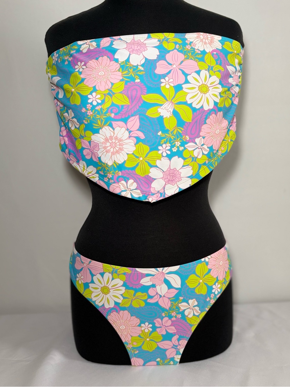 Women’s Floral Bandeau Two-Piece Swimsuit in Blue and Pink